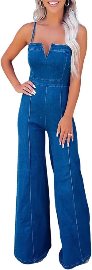 Denim Jumpsuit for Women Sexy Sleeveless High Waist Slim Fit Fashion Elastic Jean Pants Rompers