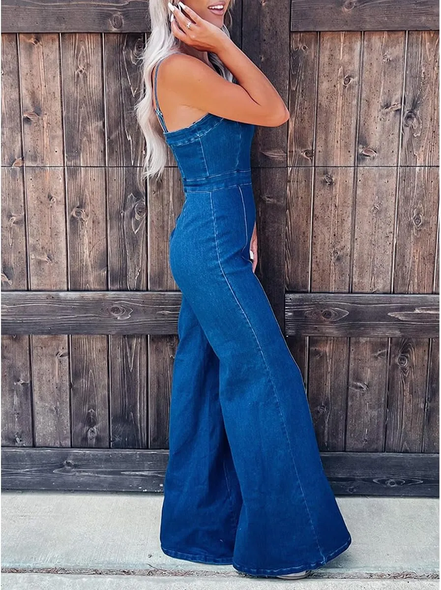 Denim Jumpsuit for Women Sexy Sleeveless High Waist Slim Fit Fashion Elastic Jean Pants Rompers