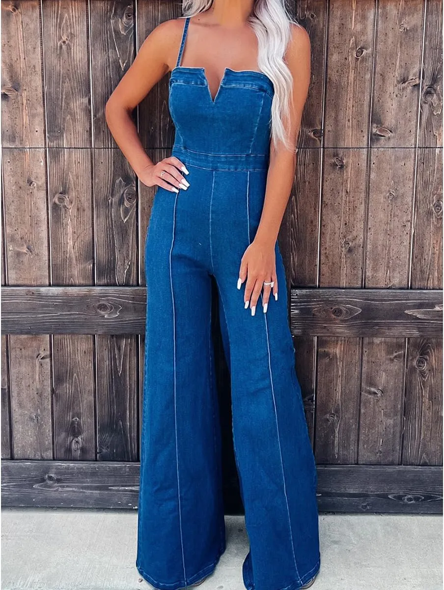 Denim Jumpsuit for Women Sexy Sleeveless High Waist Slim Fit Fashion Elastic Jean Pants Rompers