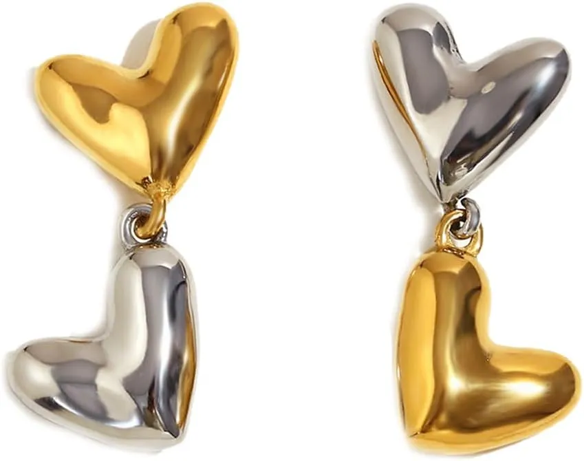 Double Hearts Dangle Stud Earrings for Women Stainless Steel Minimalist Contrast Love Heart Statement Dangling Charm Drop Earrings