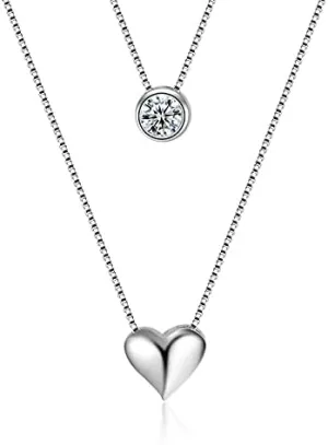 Double Layer Heart Necklaces Pendants Silver 925 Sterling with Zircon Stone Choker Necklace for Women