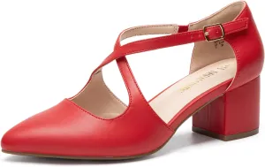 DREAM PAIRS Women's Chunky Heels Dress Pumps Closed Pointed Toe Comfort Cross Strap Block Heel Shoes for Party Dance Wedding