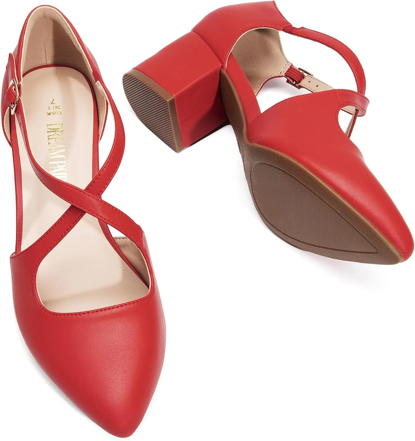 DREAM PAIRS Women's Chunky Heels Dress Pumps Closed Pointed Toe Comfort Cross Strap Block Heel Shoes for Party Dance Wedding