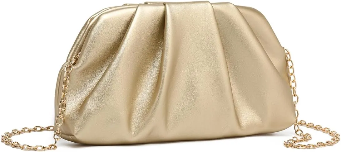 Dreubea Women's Fashion Cloud Shape Evening Bag Charming Fold Leather Clutch Handbag with Chain