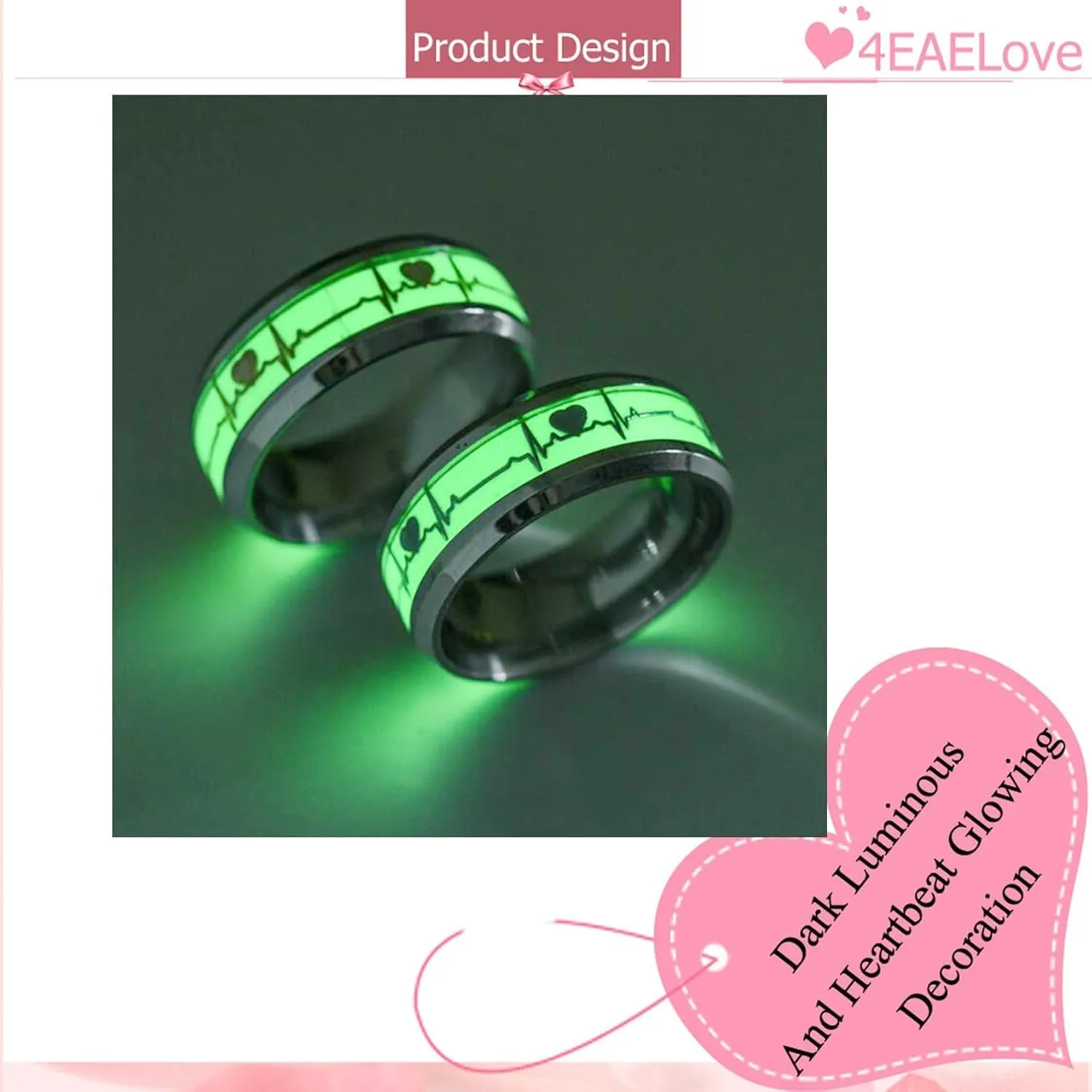 ECG Dark Luminous Couple Rings Customize His Her Promise Heartbeat Glowing Rings Wedding Bands Titanium Stainless Steel Silver Golden