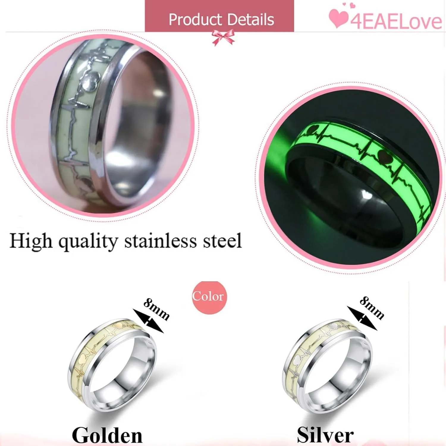 ECG Dark Luminous Couple Rings Customize His Her Promise Heartbeat Glowing Rings Wedding Bands Titanium Stainless Steel Silver Golden