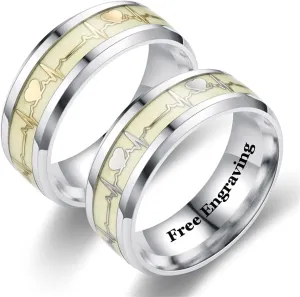 ECG Dark Luminous Couple Rings Customize His Her Promise Heartbeat Glowing Rings Wedding Bands Titanium Stainless Steel Silver Golden