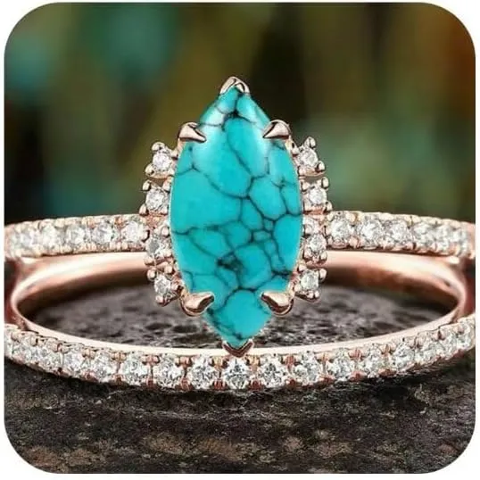 Elegant Blue Zirconia Wedding Ring Set | Minimalist Turquoise-Inspired Couple Bands | Modern Stackable Bridal Jewelry | Matching His & Hers Promise Rings Size 7