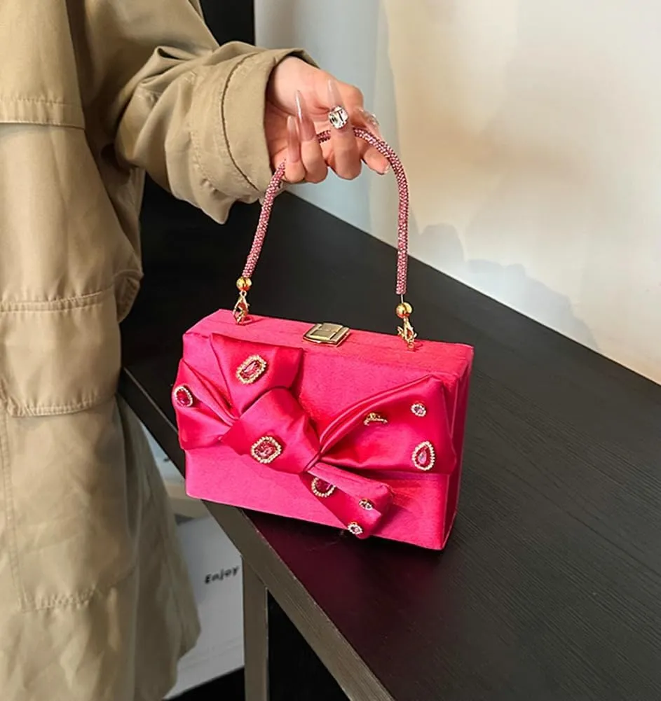 Elegant Satin Bow Evening Bag Women Rhinestone Clutch Purses Evening Handbags for Formal Wedding Prom Party 2025