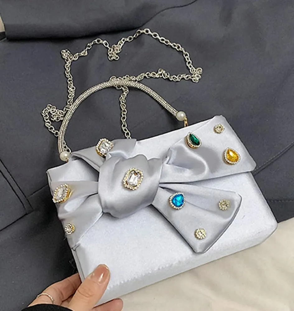 Elegant Satin Bow Evening Bag Women Rhinestone Clutch Purses Evening Handbags for Formal Wedding Prom Party 2025