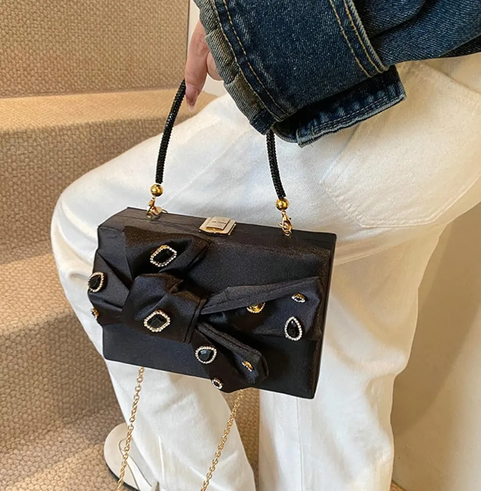 Elegant Satin Bow Evening Bag Women Rhinestone Clutch Purses Evening Handbags for Formal Wedding Prom Party 2025