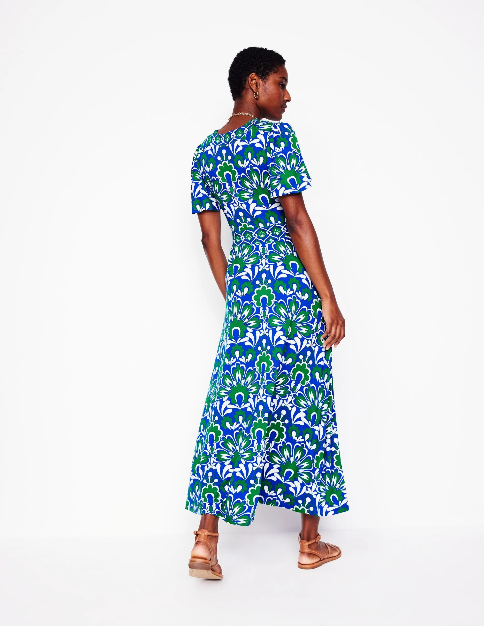 Ellie Flutter Maxi Tea Dress-Blue, Decorative Dandelion