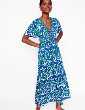 Ellie Flutter Maxi Tea Dress-Blue, Decorative Dandelion