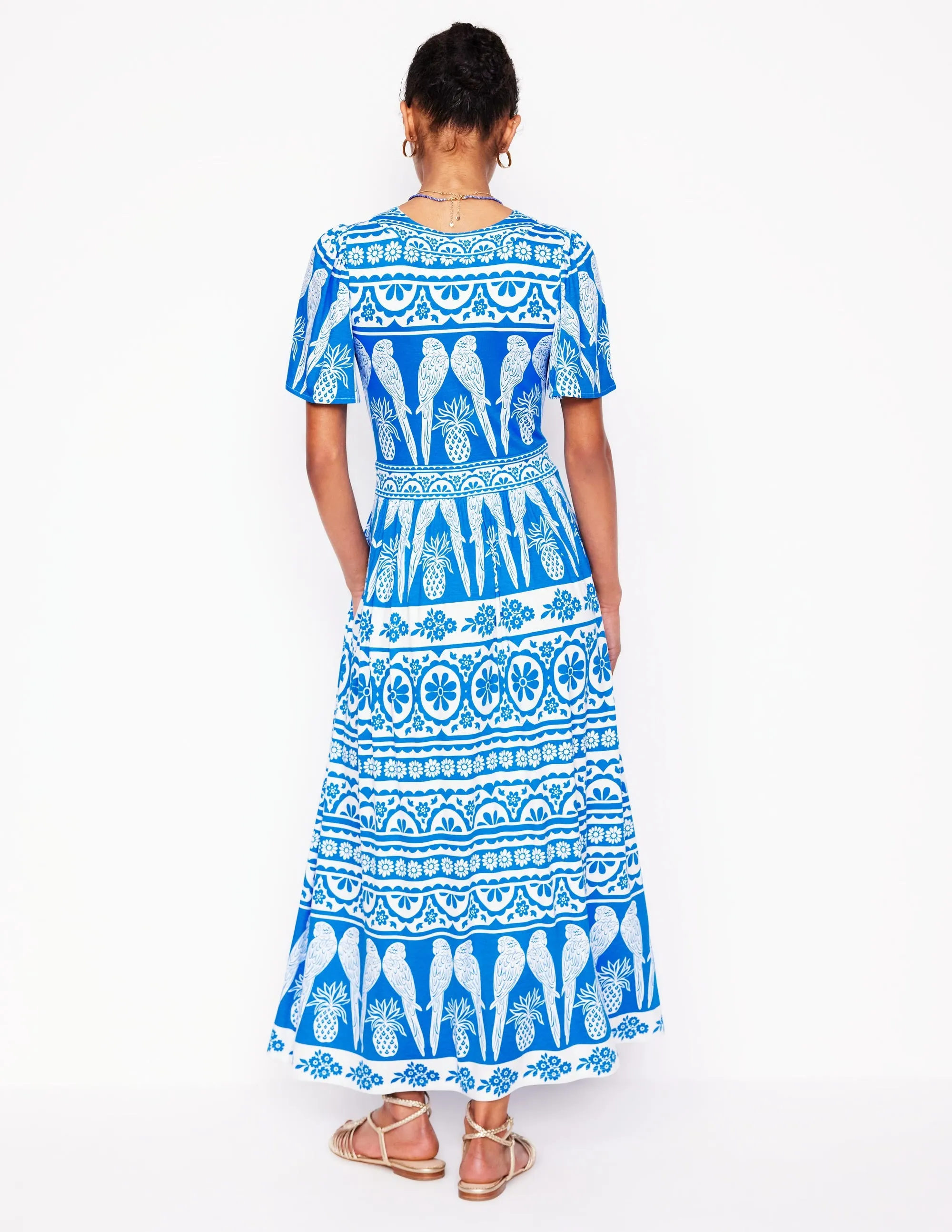 Ellie Flutter Maxi Tea Dress-Cerulean Blue, Ornate Tropics