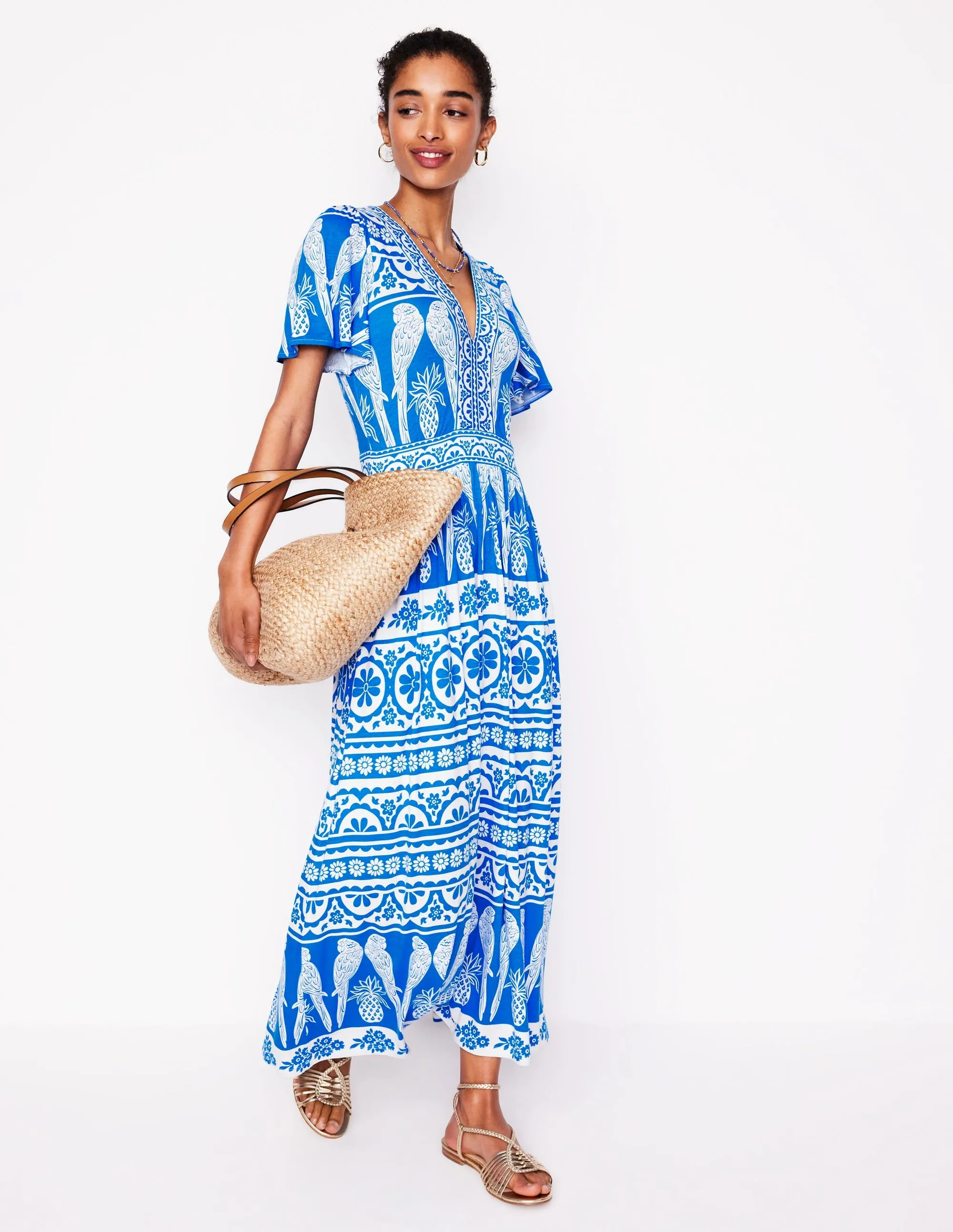 Ellie Flutter Maxi Tea Dress-Cerulean Blue, Ornate Tropics