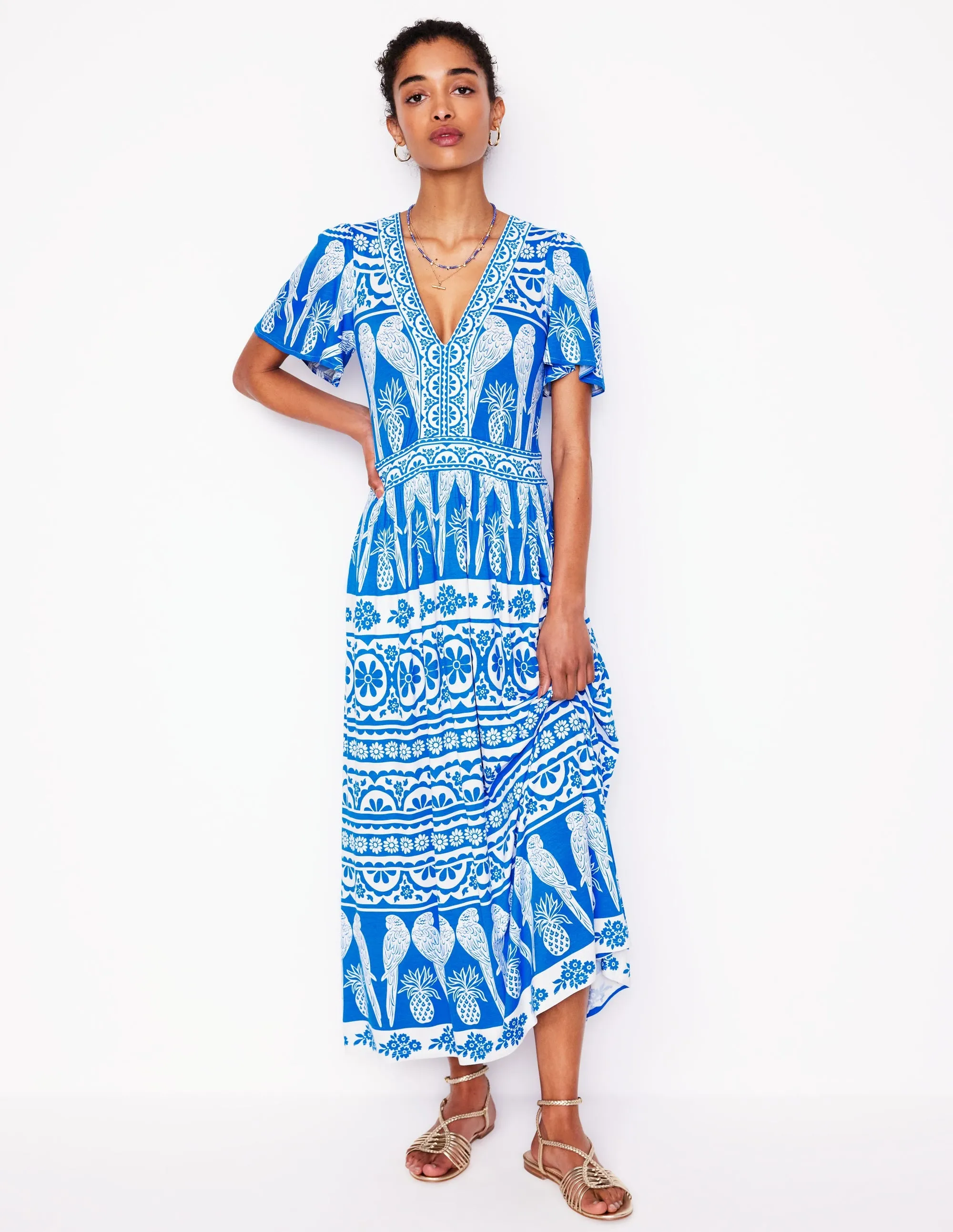 Ellie Flutter Maxi Tea Dress-Cerulean Blue, Ornate Tropics