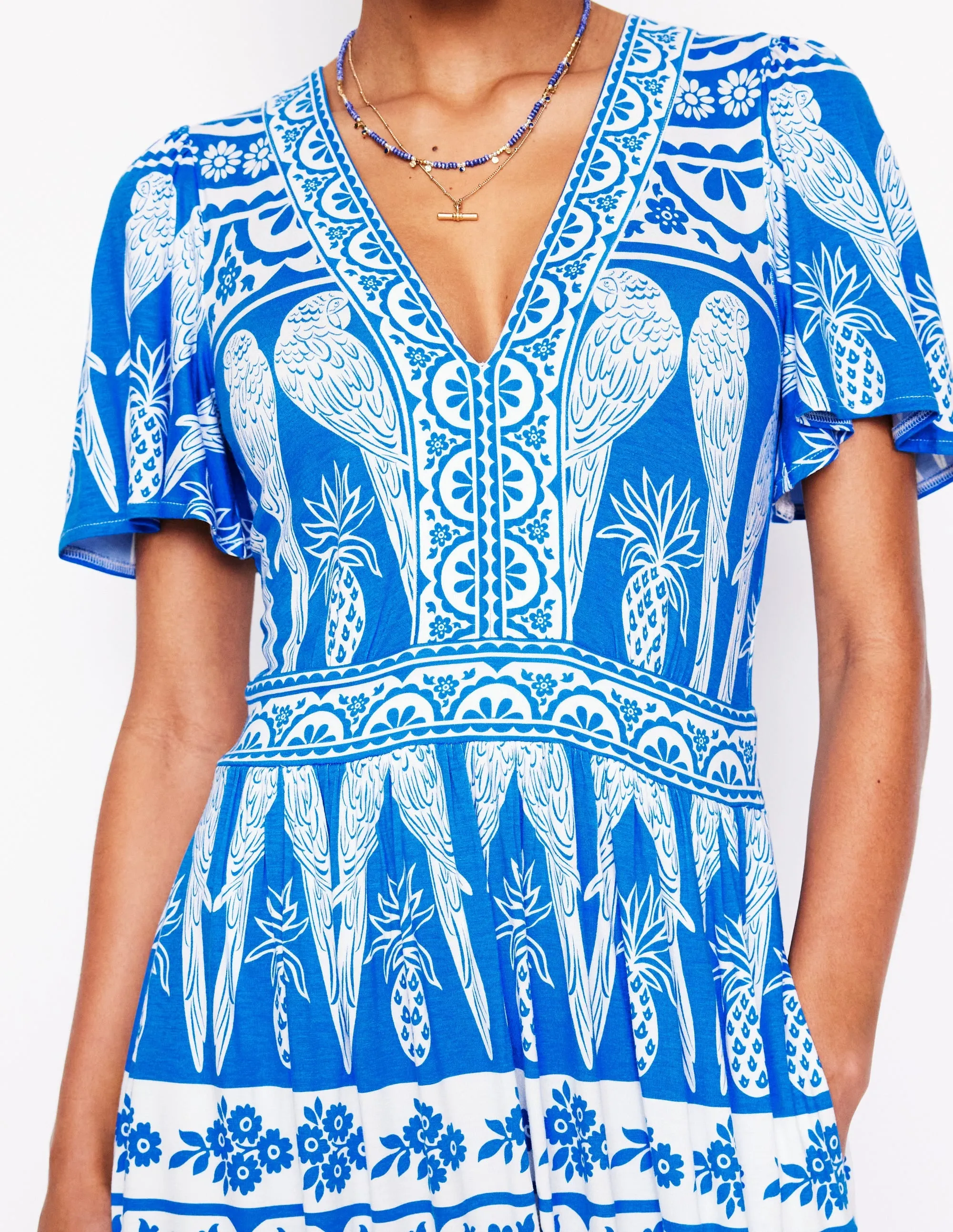 Ellie Flutter Maxi Tea Dress-Cerulean Blue, Ornate Tropics
