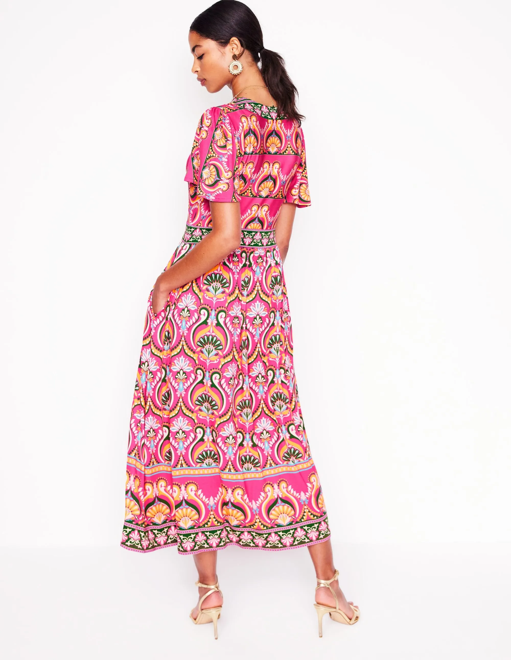 Ellie Flutter Maxi Tea Dress-Pink Peony, Ornamental Floral