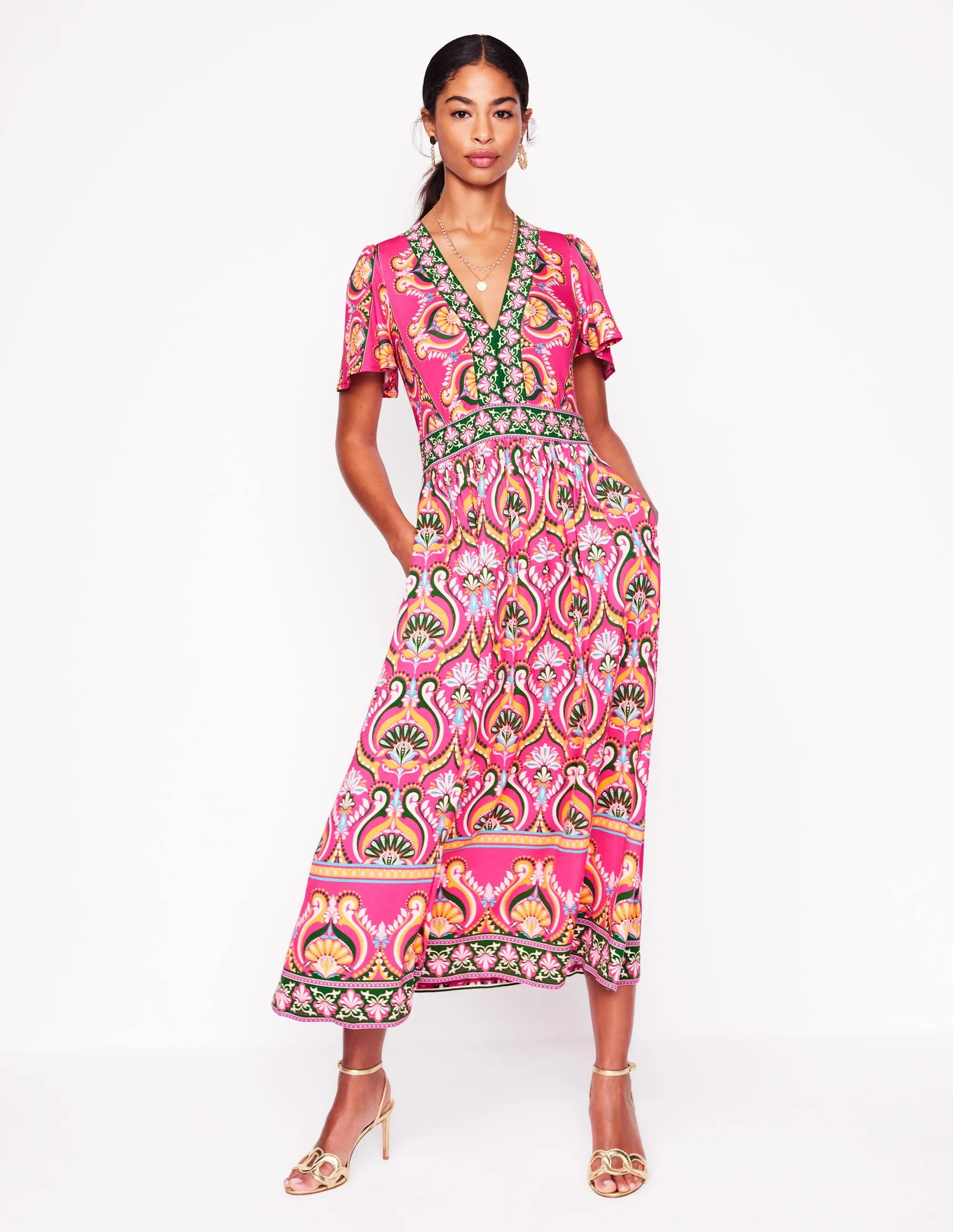 Ellie Flutter Maxi Tea Dress-Pink Peony, Ornamental Floral
