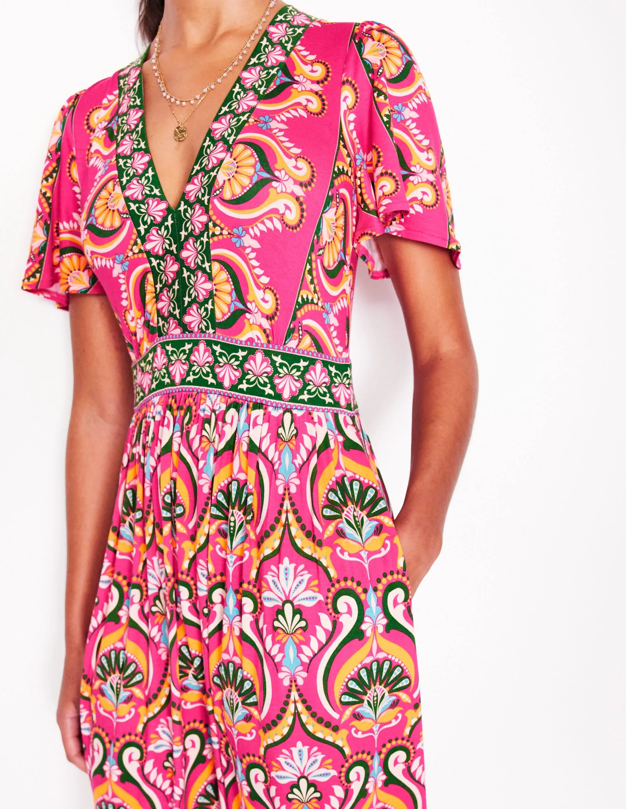 Ellie Flutter Maxi Tea Dress-Pink Peony, Ornamental Floral