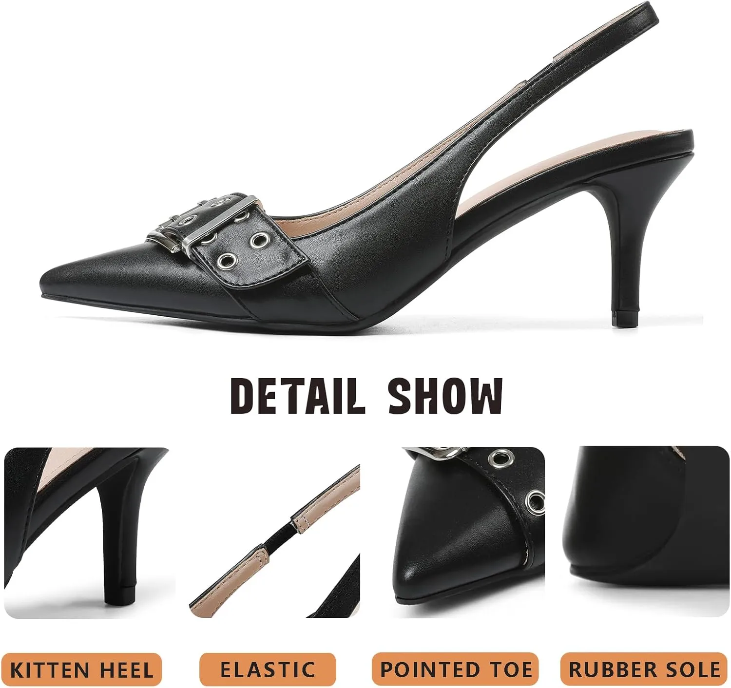 Eteridrey Kitten Heels for Women Pointed Close Toe Elastic Slingback Heel Comfortable Sexy Pumps Party Office Dress Shoes