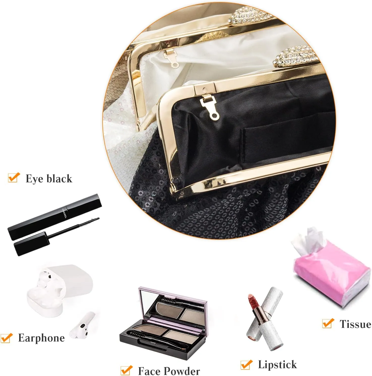 Evening Clutch Bag for Women Sparkly Sequin Handbag Bridal Wedding Purse Vintage Rhinestone Shoulder Bag