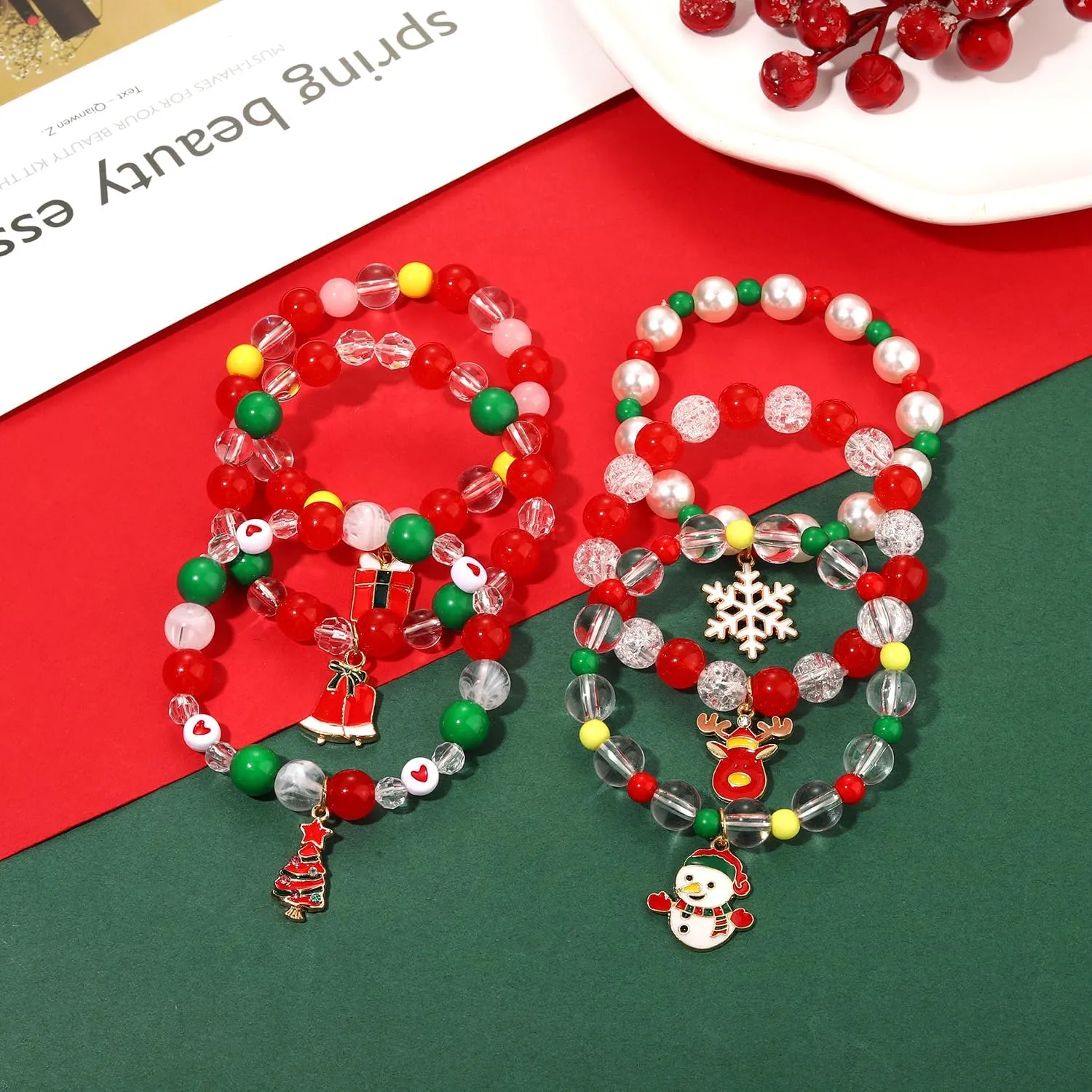 FAERLIIRY Christmas Beaded Stretch Bracelets Stackable Polymer Clay Disc Beads Bracelets Heishi Surfer Perppy Adjustable Bracelets