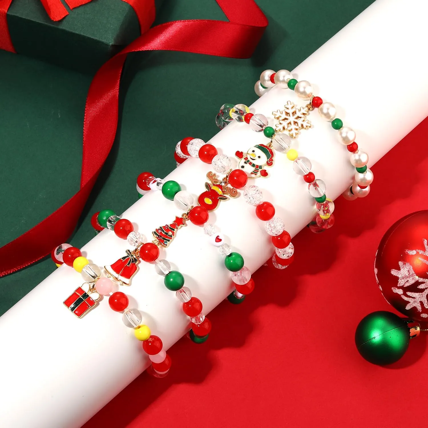 FAERLIIRY Christmas Beaded Stretch Bracelets Stackable Polymer Clay Disc Beads Bracelets Heishi Surfer Perppy Adjustable Bracelets