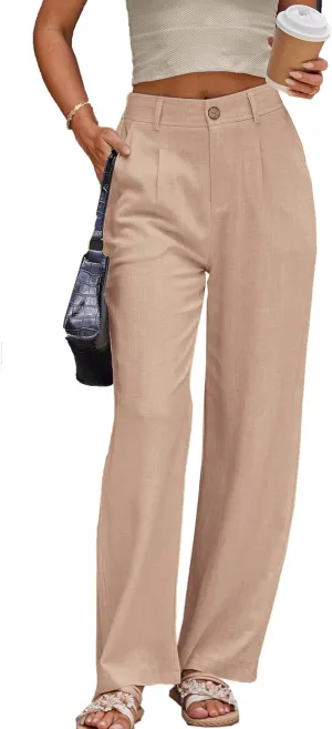Fakanhui Women's Linen Dressy Work Casual Pants Summer Business Straight Wide Leg Cotton Linen Trouser Pants