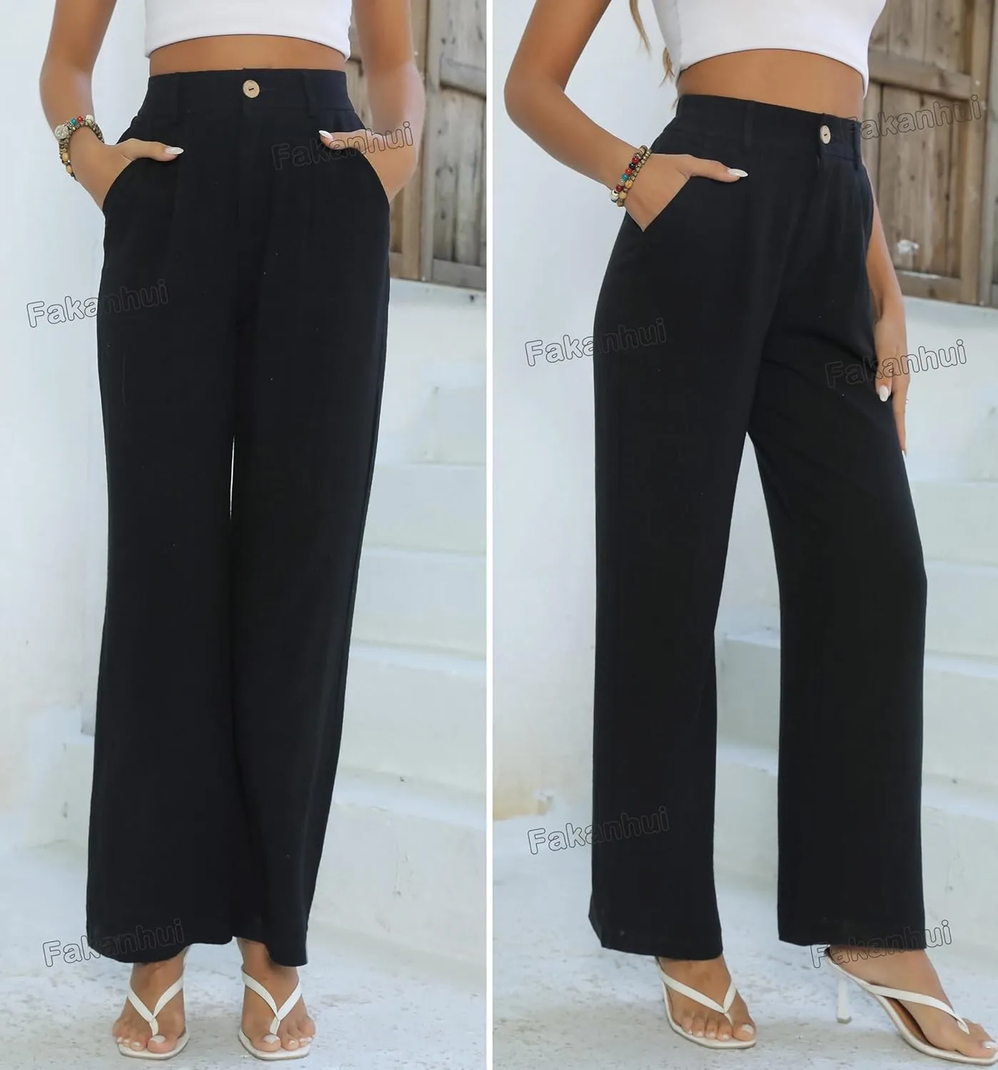Fakanhui Women's Linen Dressy Work Casual Pants Summer Business Straight Wide Leg Cotton Linen Trouser Pants