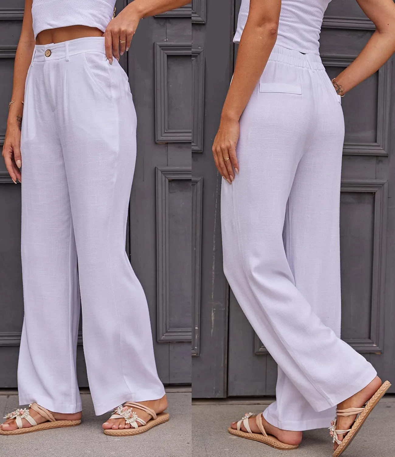 Fakanhui Women's Linen Dressy Work Casual Pants Summer Business Straight Wide Leg Cotton Linen Trouser Pants
