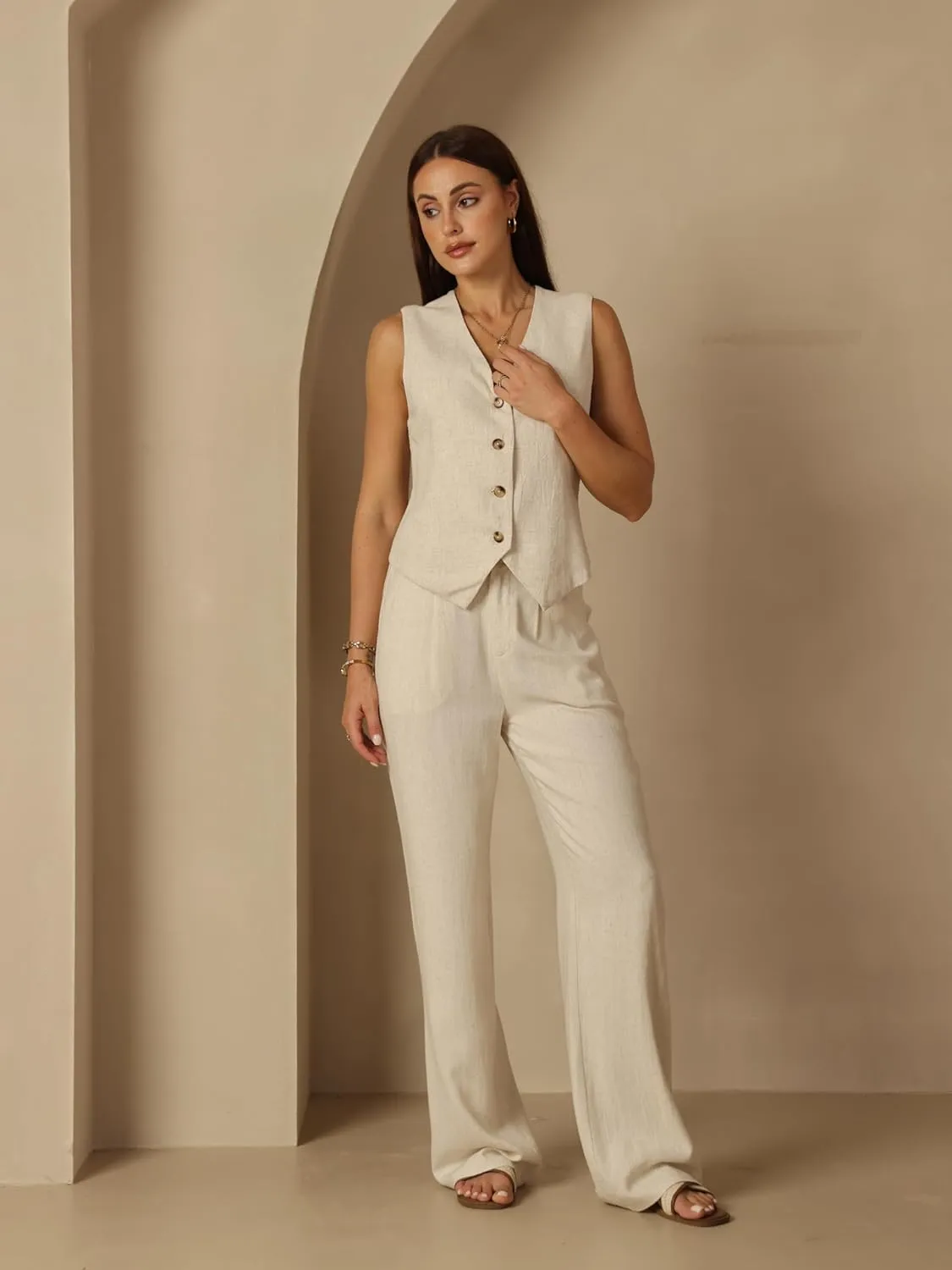 Fakanhui Women's Linen Dressy Work Casual Pants Summer Business Straight Wide Leg Cotton Linen Trouser Pants