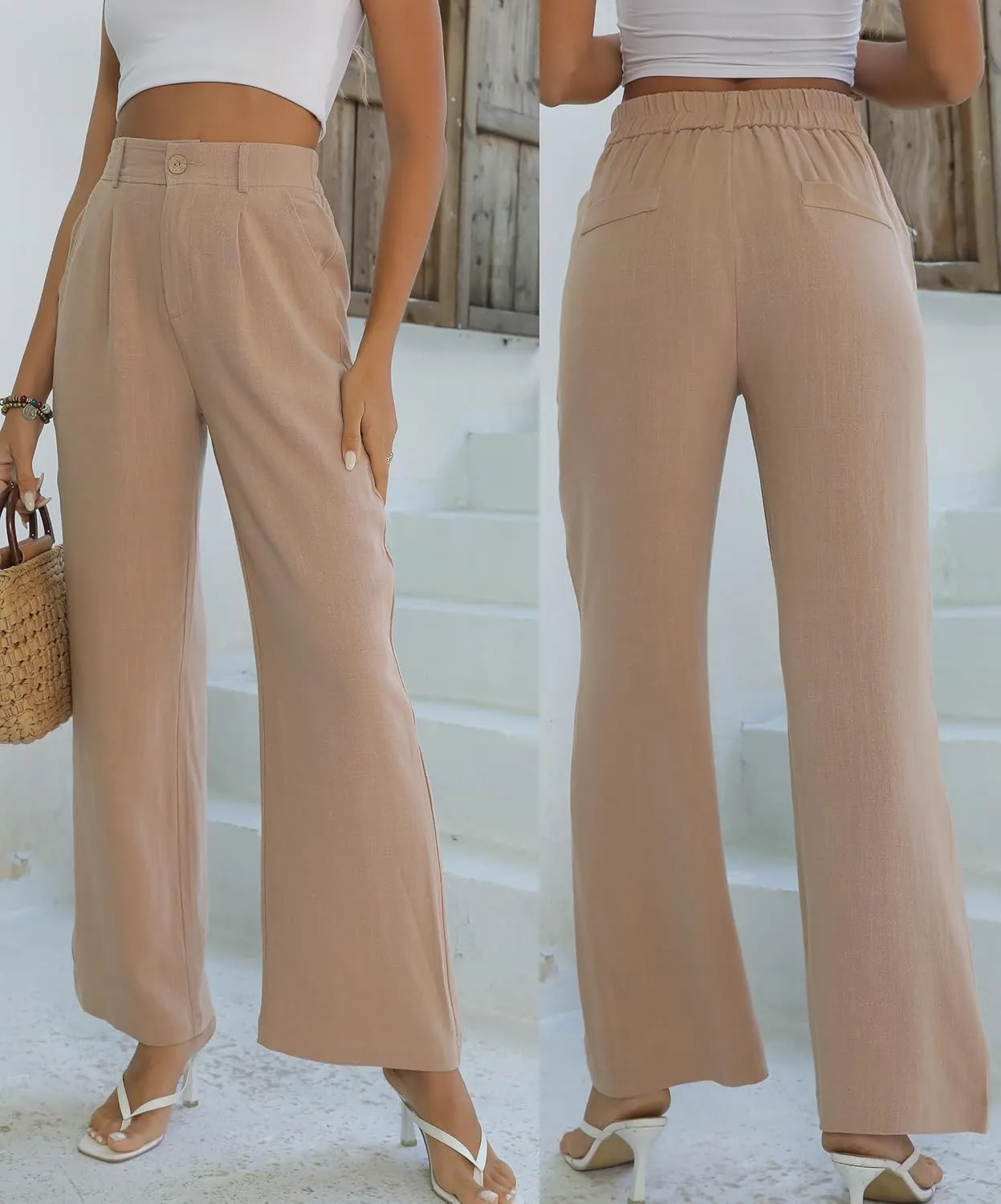 Fakanhui Women's Linen Dressy Work Casual Pants Summer Business Straight Wide Leg Cotton Linen Trouser Pants