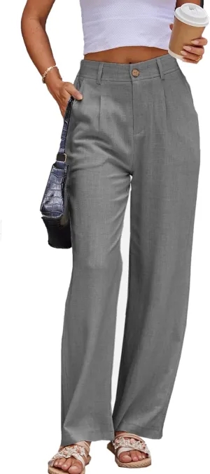 Fakanhui Women's Linen Dressy Work Casual Pants Summer Business Straight Wide Leg Cotton Linen Trouser Pants