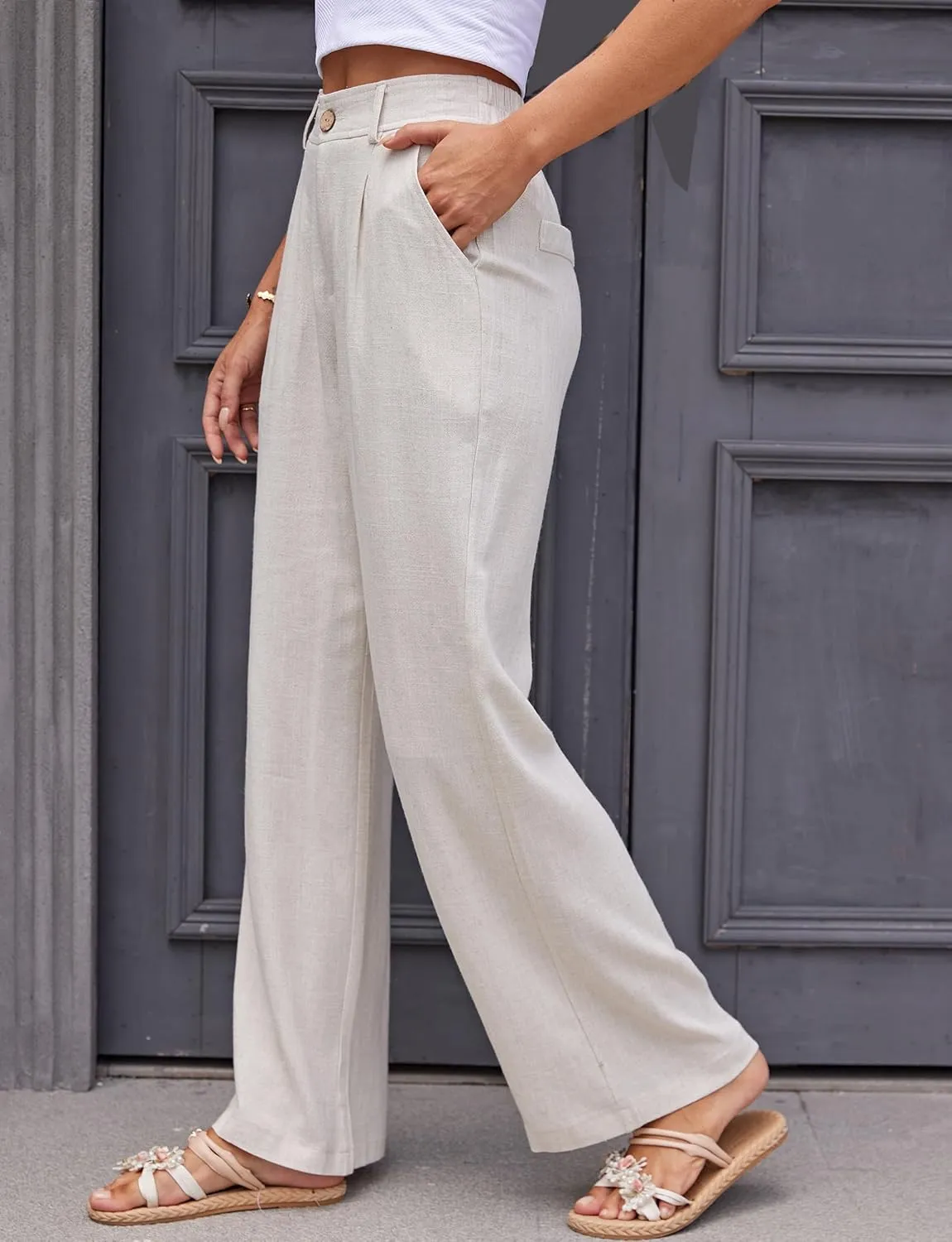 Fakanhui Women's Linen Dressy Work Casual Pants Summer Business Straight Wide Leg Cotton Linen Trouser Pants