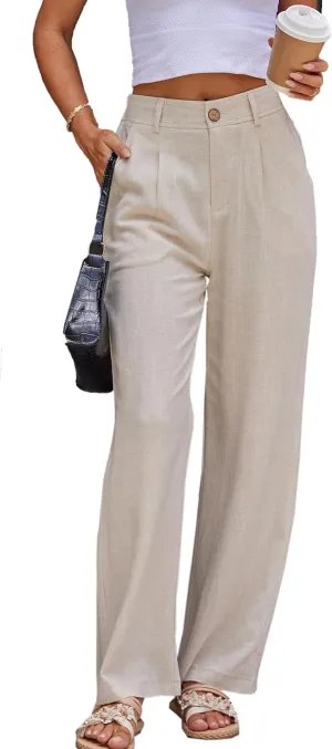 Fakanhui Women's Linen Dressy Work Casual Pants Summer Business Straight Wide Leg Cotton Linen Trouser Pants
