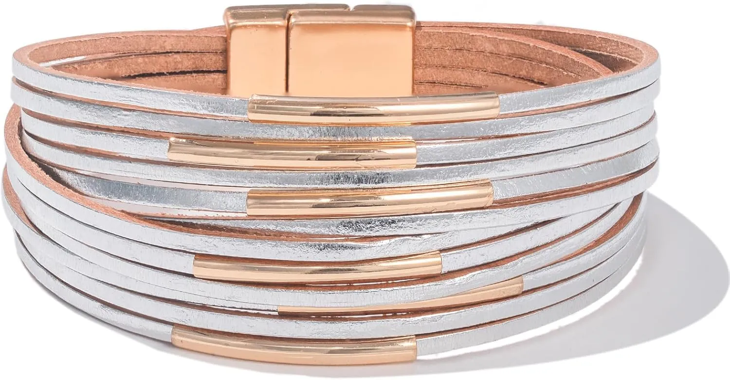 FANCY SHINY Boho Leather Bangle Bracelets Stackable Noodle Tube Bracelets Layered Wrap Cuff Bracelets with Magnetic Clasp