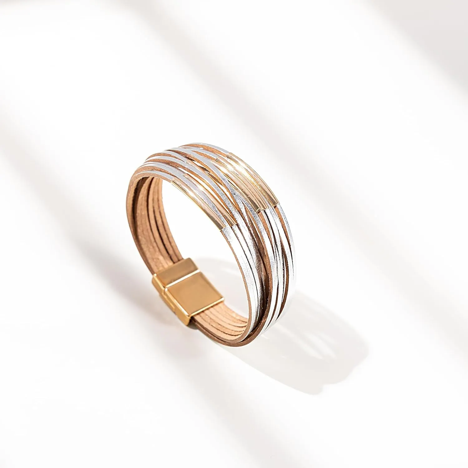 FANCY SHINY Boho Leather Bangle Bracelets Stackable Noodle Tube Bracelets Layered Wrap Cuff Bracelets with Magnetic Clasp
