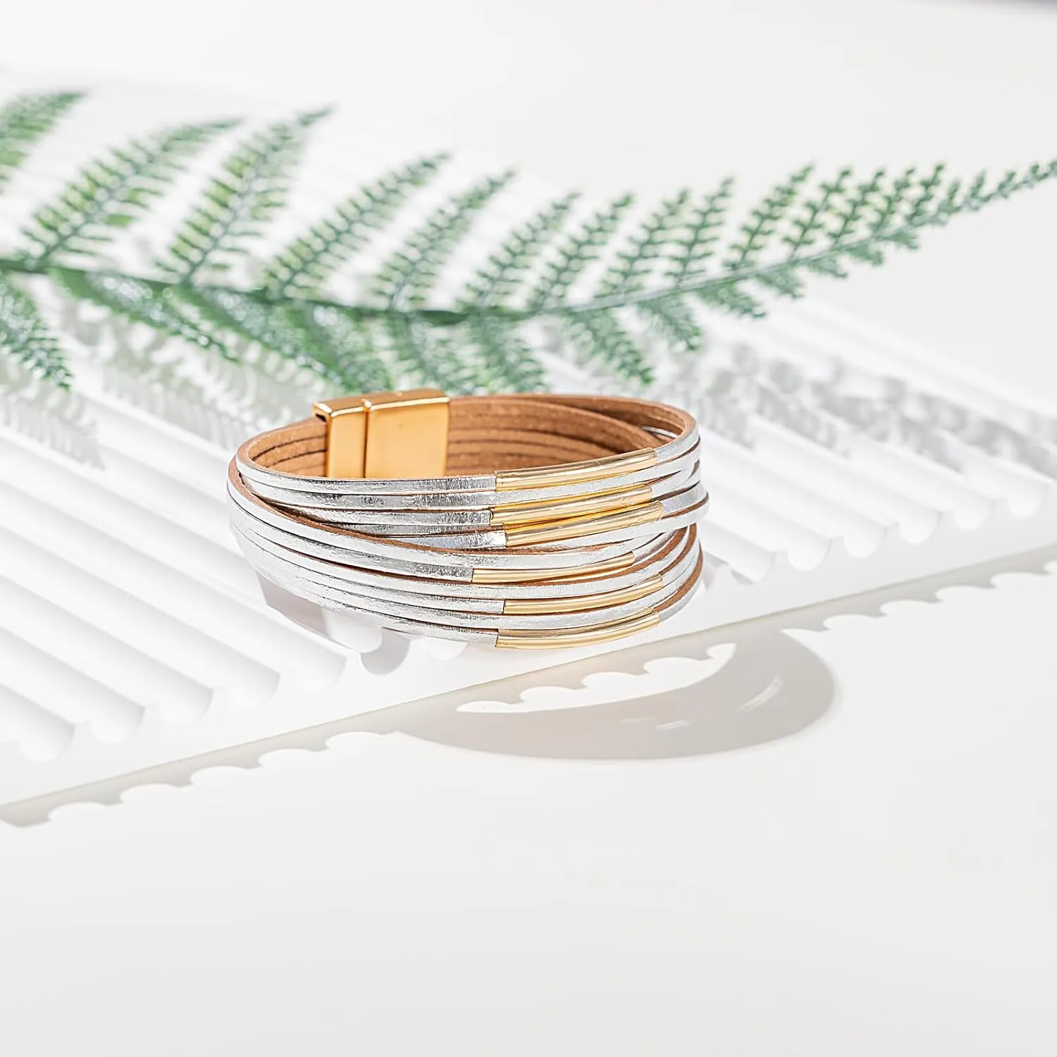 FANCY SHINY Boho Leather Bangle Bracelets Stackable Noodle Tube Bracelets Layered Wrap Cuff Bracelets with Magnetic Clasp