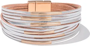 FANCY SHINY Boho Leather Bangle Bracelets Stackable Noodle Tube Bracelets Layered Wrap Cuff Bracelets with Magnetic Clasp