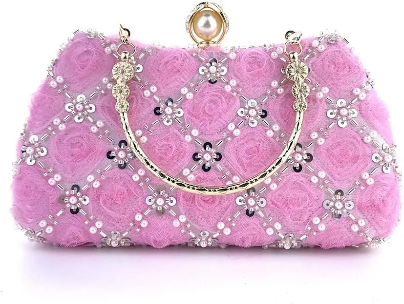 Fashion Flower Clutch Evening Bag Satin Dress Bag Pearl Shoulder Bag Elegant and Graceful Banquet Bag