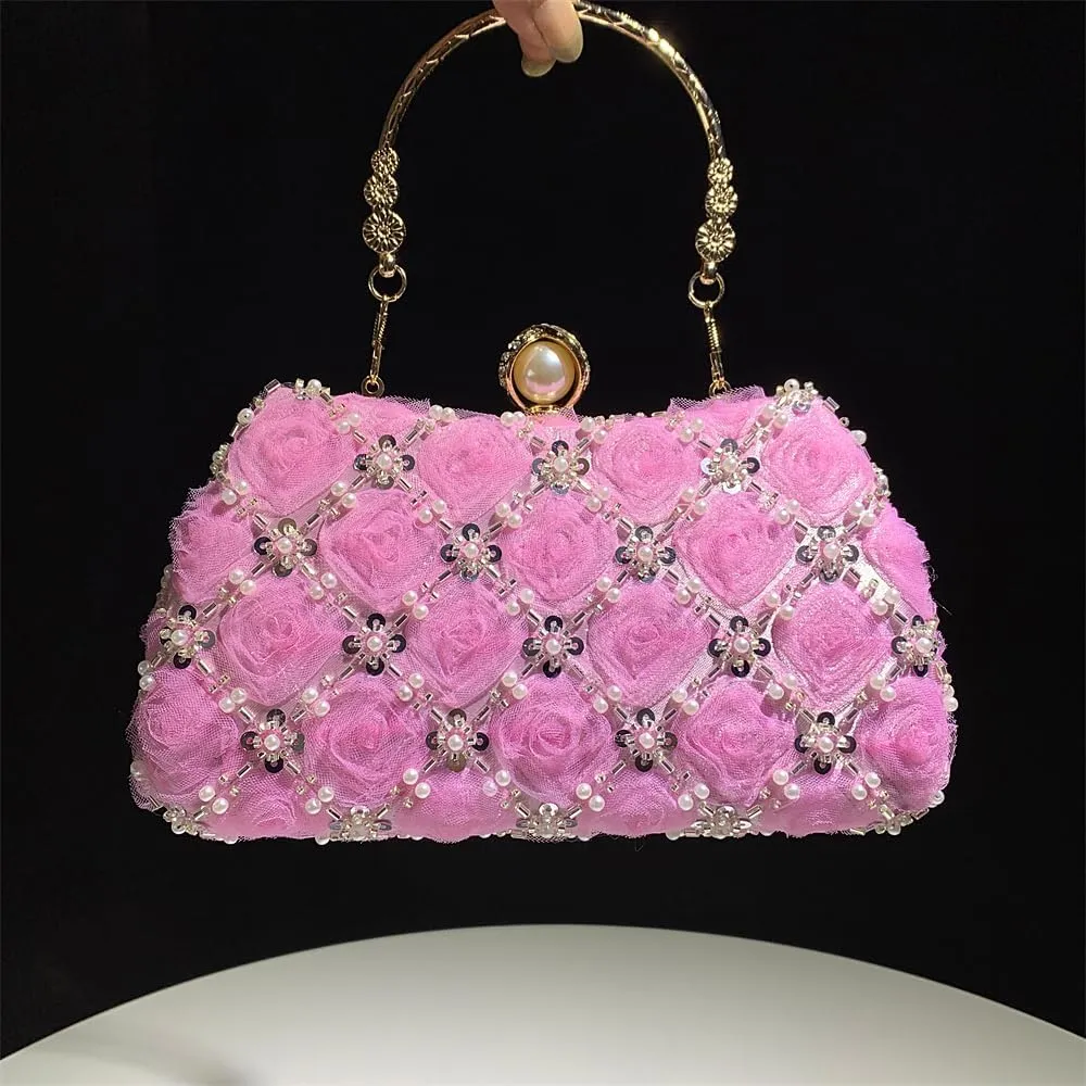 Fashion Flower Clutch Evening Bag Satin Dress Bag Pearl Shoulder Bag Elegant and Graceful Banquet Bag