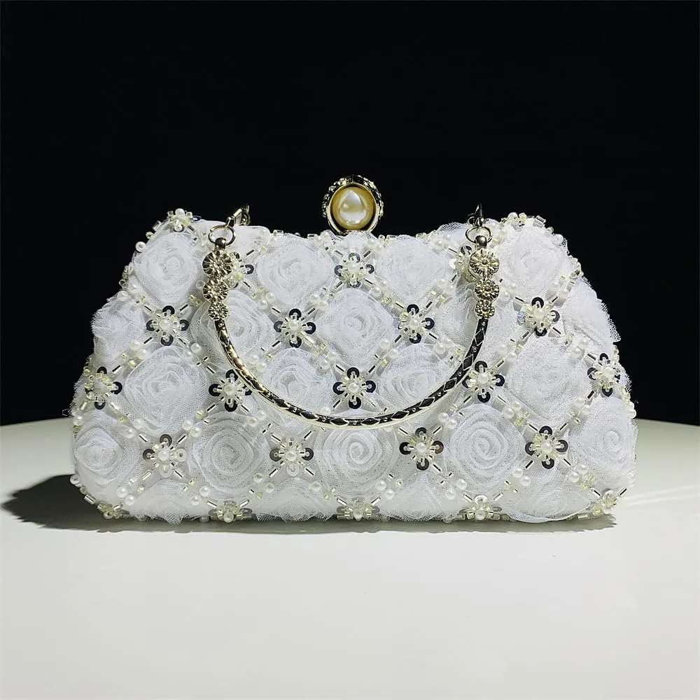 Fashion Flower Clutch Evening Bag Satin Dress Bag Pearl Shoulder Bag Elegant and Graceful Banquet Bag
