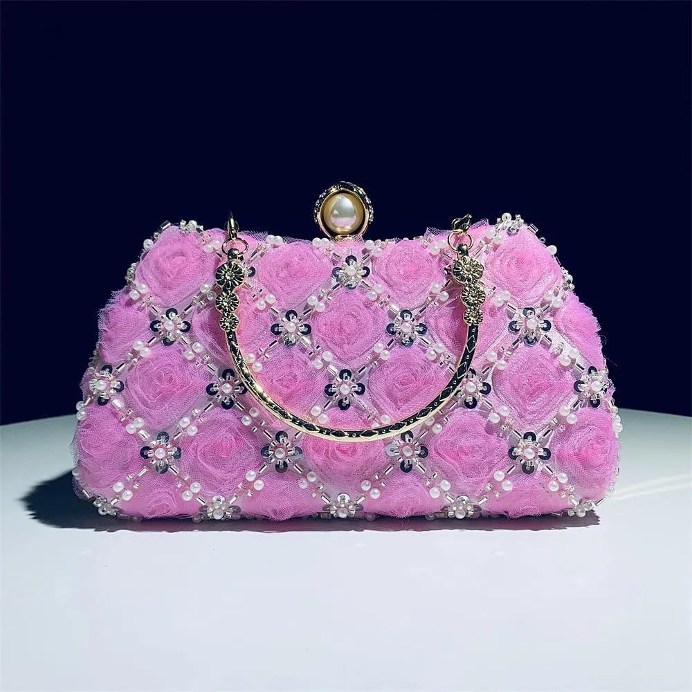 Fashion Flower Clutch Evening Bag Satin Dress Bag Pearl Shoulder Bag Elegant and Graceful Banquet Bag