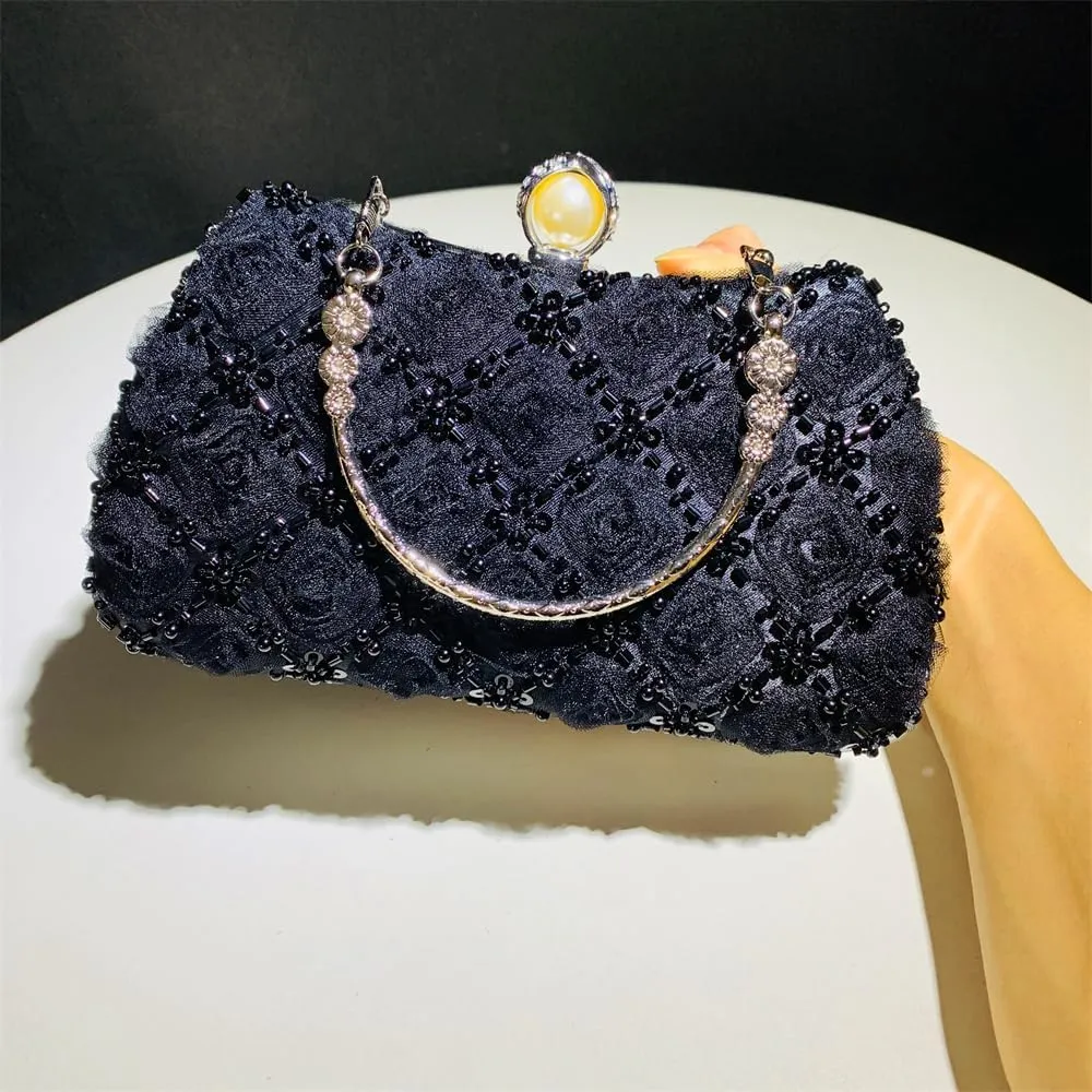 Fashion Flower Clutch Evening Bag Satin Dress Bag Pearl Shoulder Bag Elegant and Graceful Banquet Bag