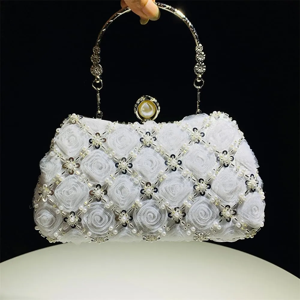 Fashion Flower Clutch Evening Bag Satin Dress Bag Pearl Shoulder Bag Elegant and Graceful Banquet Bag