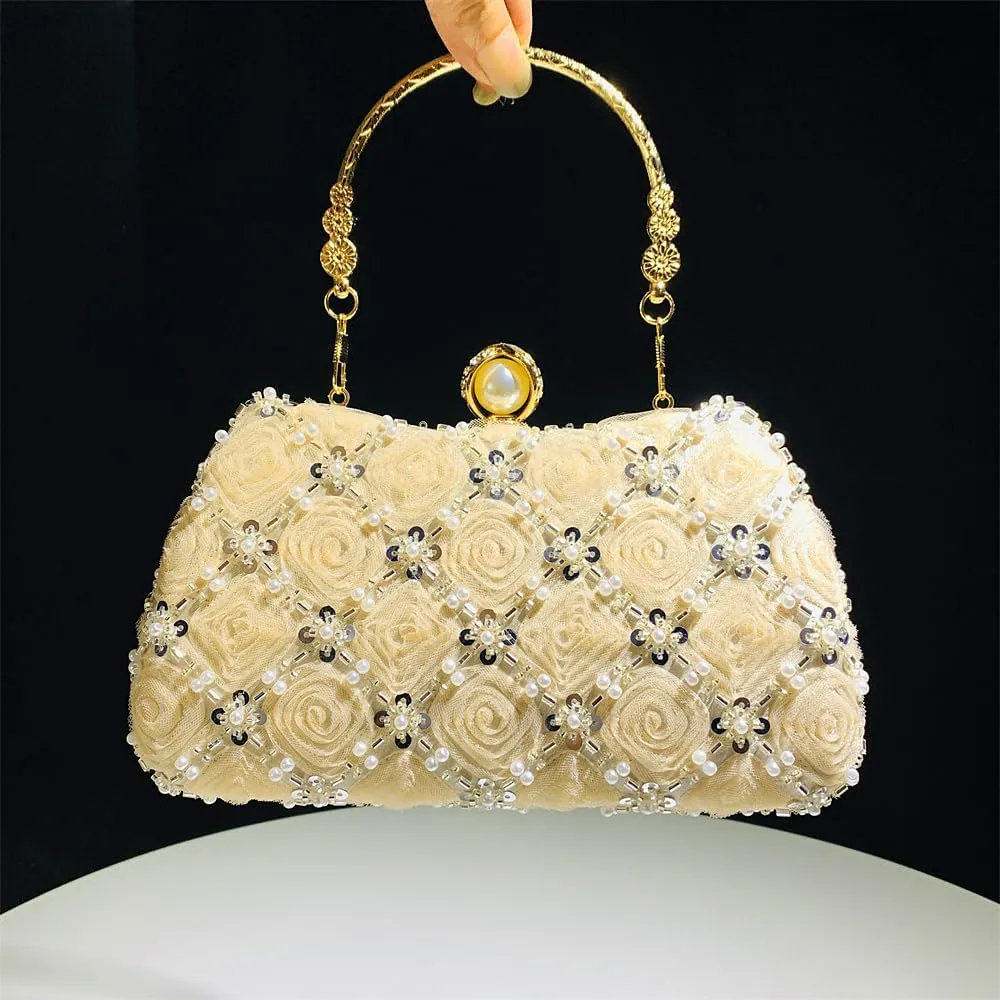 Fashion Flower Clutch Evening Bag Satin Dress Bag Pearl Shoulder Bag Elegant and Graceful Banquet Bag