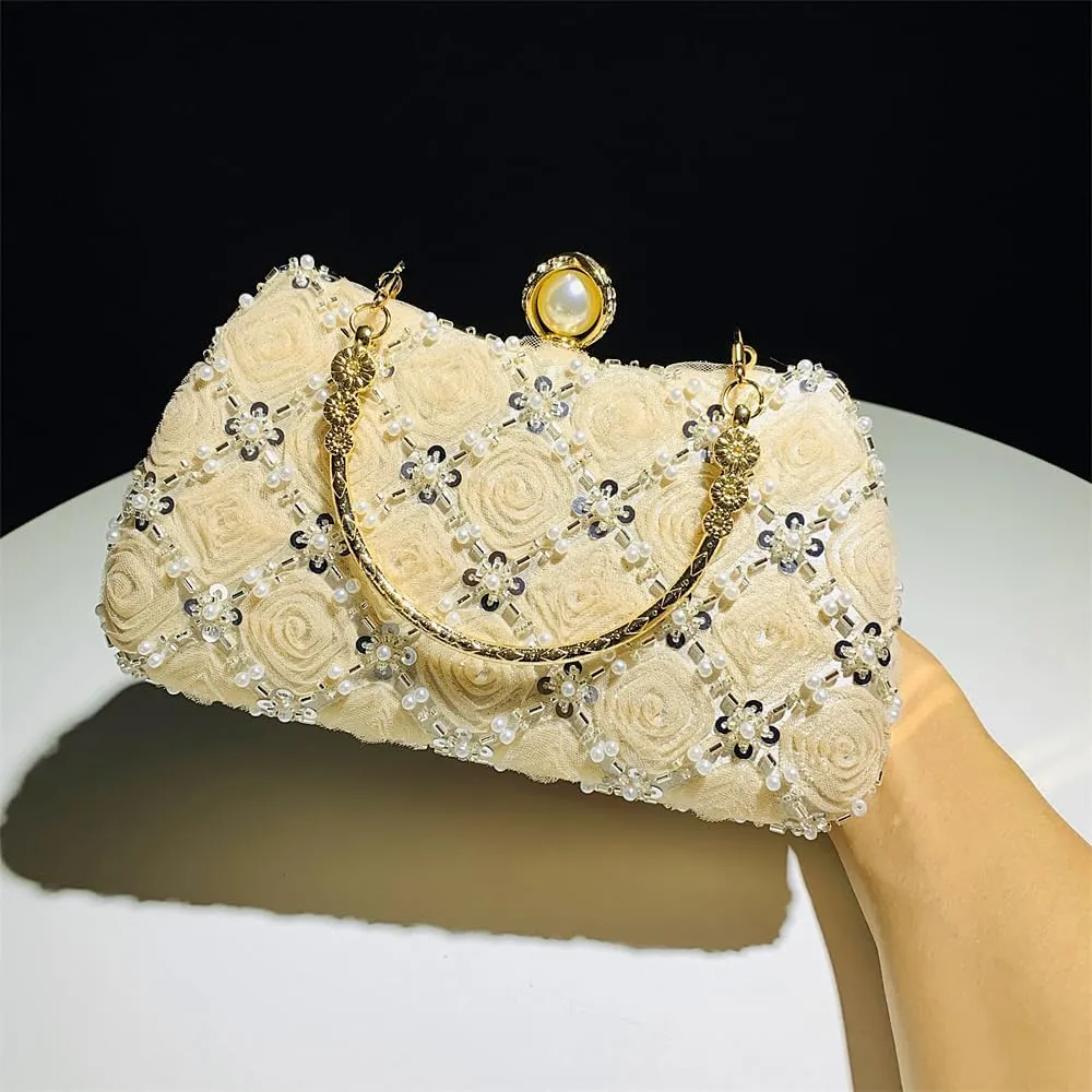Fashion Flower Clutch Evening Bag Satin Dress Bag Pearl Shoulder Bag Elegant and Graceful Banquet Bag