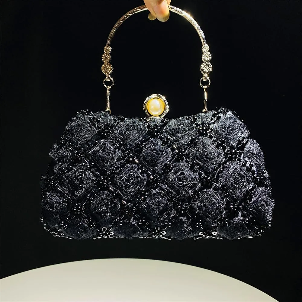 Fashion Flower Clutch Evening Bag Satin Dress Bag Pearl Shoulder Bag Elegant and Graceful Banquet Bag