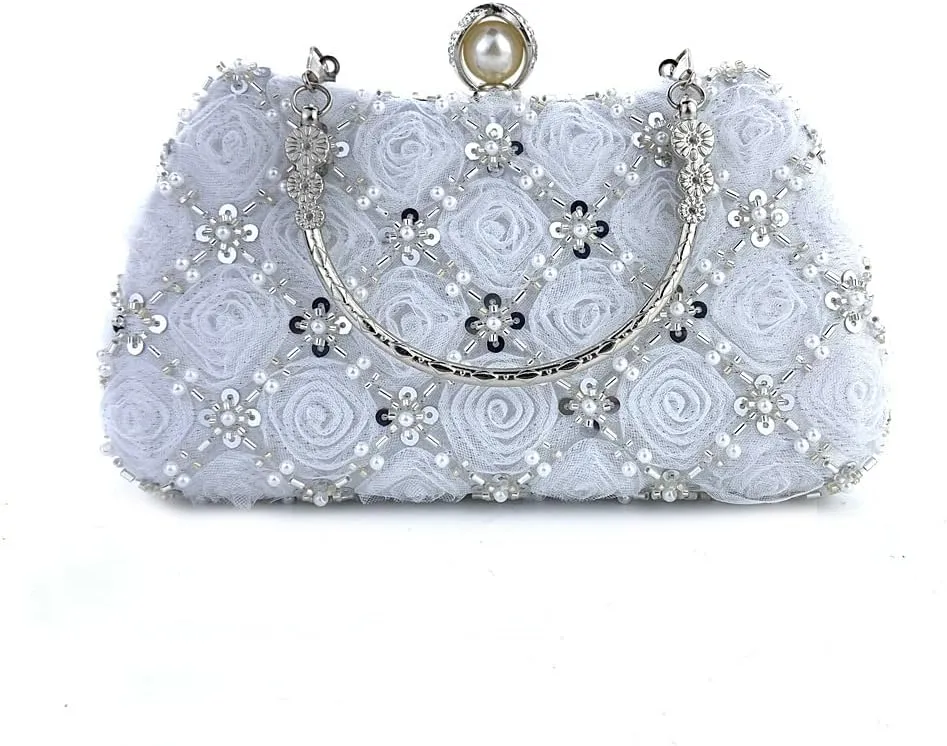 Fashion Flower Clutch Evening Bag Satin Dress Bag Pearl Shoulder Bag Elegant and Graceful Banquet Bag